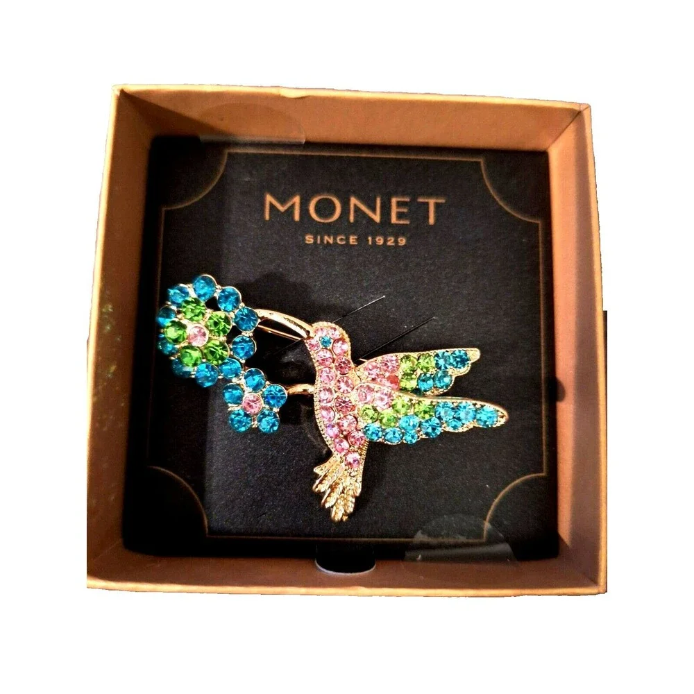 ...MONET...Gold Tone, Rhinestones Hummingbird &‎ Flowers Brooch...